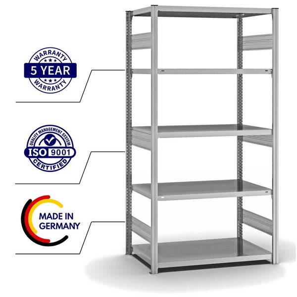 PROREGAL Fachbodenregal Stecksystem T-Profil Heavy-Duty Grundregal HxBxT 200 x 100 x 60 cm 5 Ebenen Fachlast 330 kg Beidseitig Nutzbar Verzinkt