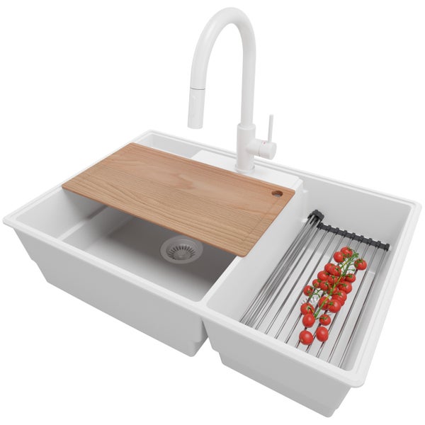 PRIMAGRAN Granitspüle Alles Weiß 78x53cm, Spülbecken 2 Becken + Küchenarmatur 40x20cm + Ablauf-Set + Küchenzubehörset, Küchenspüle ab 80er Unterschrank - Paris