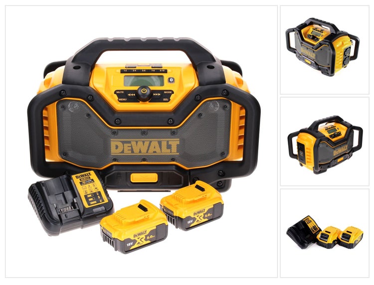 DeWalt Baustellenradio mit zwei 18 Volt Akkus und einem Ladegerät.