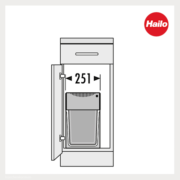 Strichzeichnung von einem Hailo Abfalltrennsystem für einen Schrank mit einer Einbaubreite von 251 Millimetern mit Hailo Logo.