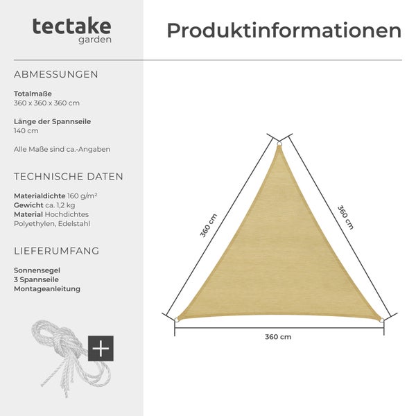 Sonnensegel tectake  inklusive Spannseile dreieckig mit UV-Schutz 50+ beige
