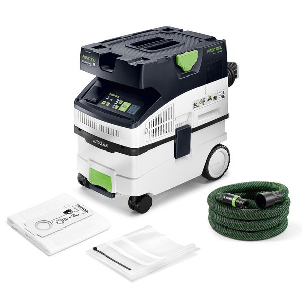 Festool CLEANTEC CTL MIDI AC Absaugmobil mit Saugschlauch, Filtersack und Entsorgungssack.