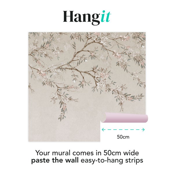 Hangit Logo, Fototapete mit Kirschblütenzweigen, 50 Zentimeter breite Bahnen für die Wandklebetechnik.