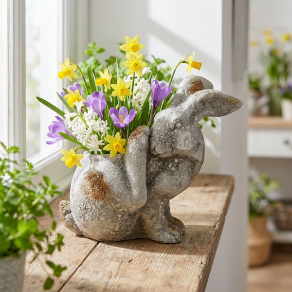 Osterhasen Pflanzgefäß aus Steinoptik gefüllt mit Frühlingsblumen auf einer Fensterbank