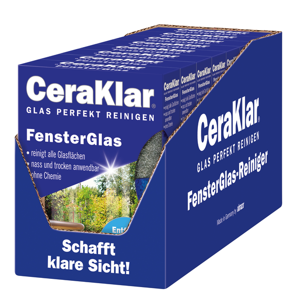 CeraKlar Fensterglas-Reiniger Displaykarton mit mehreren Reinigungspads für Glasflächen ohne Chemie.