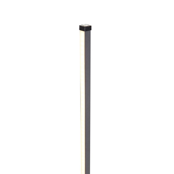 Schmale vertikale LED-Stehleuchte mit dunkelgrauem Metallrahmen und warmweißem Licht.