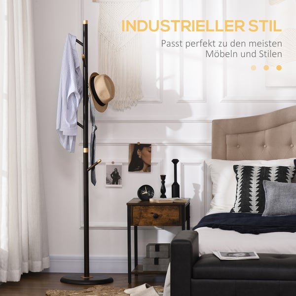 HOMCOM Garderobenständer, Garderobe mit 6 Haken, Kleiderständer, Standgarderob für Kleidung, Hüte, Flur, Eingang, Metall, Walnuss, 36 x 36 x 180 cm