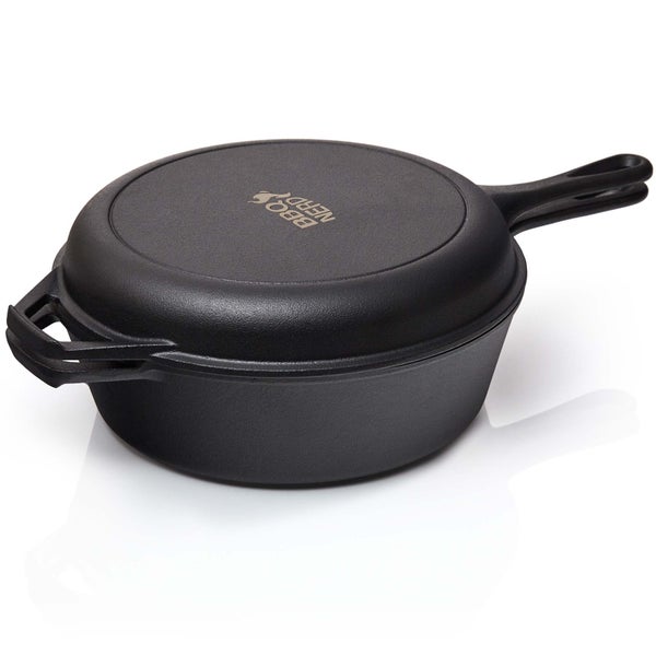 BBQ-Nerd Cocotte Bräter aus Gusseisen 3,5 L mit 2-in-1 Funktion | Kochset: Feuertopf für Herd, Ofen & Grill inkl. Pfanne | Bratentopf Kochtopf Gusseisentopf Schmortopf