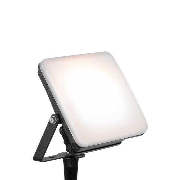 Quadratischer LED-Außenstrahler mit mattierter Abdeckung und verstellbarem Haltebügel.