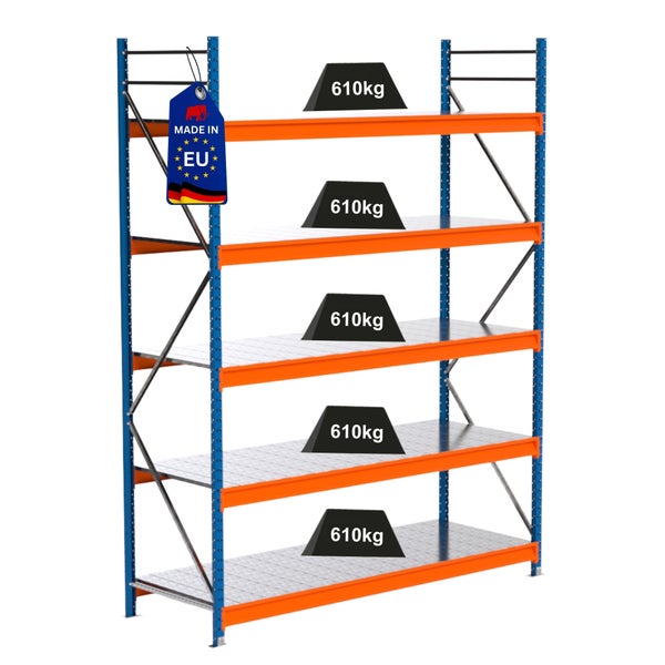 Regal mit fünf Ebenen und einer Traglast von 610 Kilogramm pro Ebene sowie einem Made in EU-Siegel