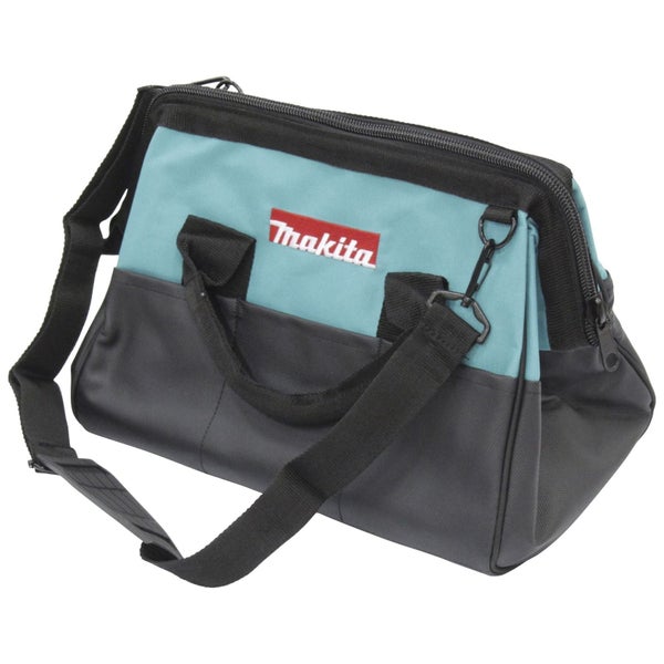 Makita Werkzeugtasche mit Reißverschluss, Schultergurt und Tragegriffen.