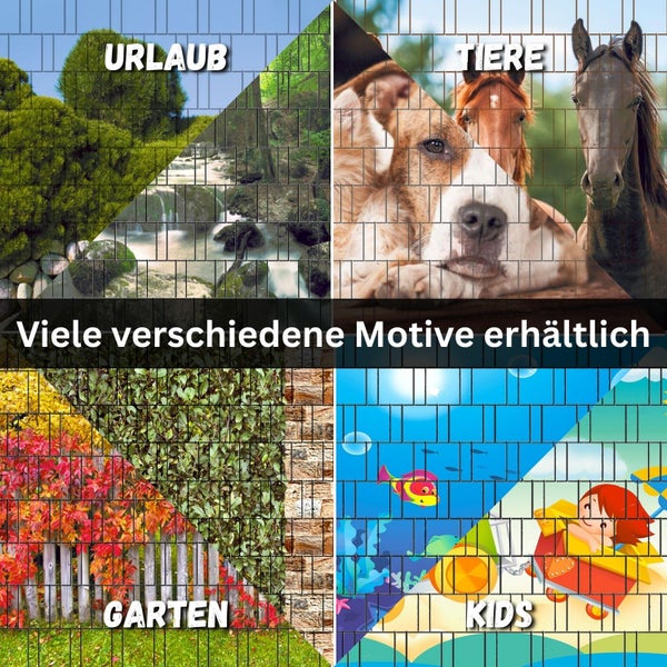 Verschiedene Motive für Zaunelemente mit Urlaub, Tieren, Garten und Kindern