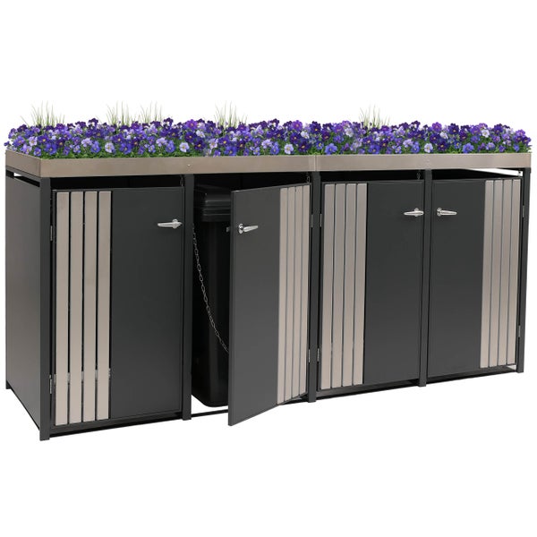 Mülltonnenbox mit Pflanzwanne und drei Mülltonnen