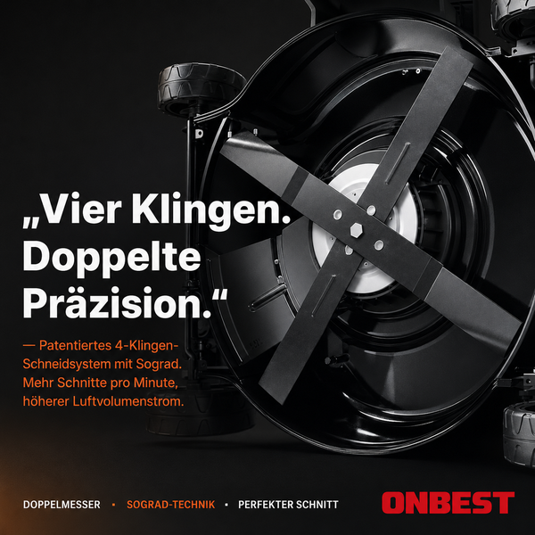 Unteransicht eines ONBEST Rasenmähers mit dem patentierten Schneidsystem mit vier Klingen für präzises Mähen und einen hohen Luftvolumenstrom.