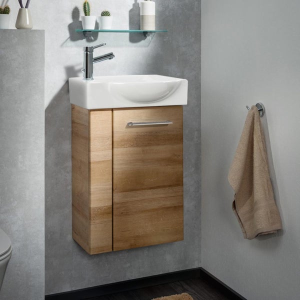 Fackelmann MILANO Gäste-WC Set 2 Teile – Waschtischunterschrank in Holz Braun mit Waschbecken aus Keramik – SBC Waschbeckenunterschrank schmal – Türanschlag rechts – Hahnloch links – 45 cm breit