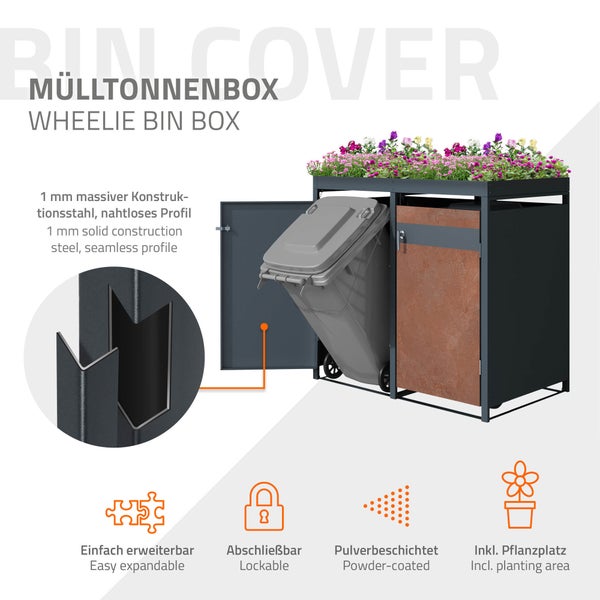 ML-Design Mülltonnenbox 2er mit Pflanzdach für 2 Tonnen, 240L 132x80x124 cm, Rost-Optik, Stahl, wetterfest, Abschließbare Mülltonnenverkleidung mit Tür, Müllbox Mülltonnecontainer Mülltonnenabdeckung