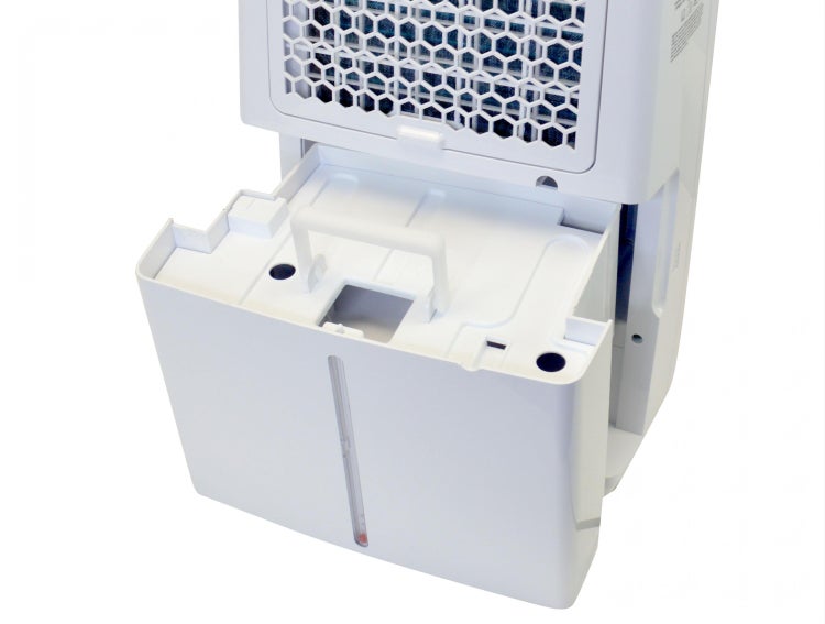 Detailansicht eines Luftentfeuchters mit herausgezogenem Wasserbehälter.