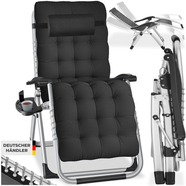Verstellbarer Relaxsessel mit gepolsterter Auflage, Getränkehalter und Deutscher Händler Kennzeichnung.