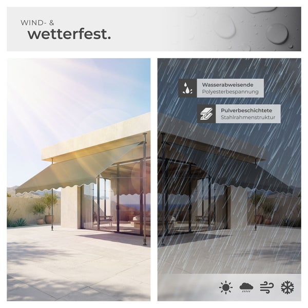 Wind- und wetterfeste Klemmmarkise mit wasserabweisender Polyesterbespannung und pulverbeschichtetem Stahlrahmen für Sonne, Regen, Wind und Frost.