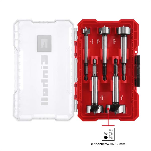 Original Einhell M-CASE 5-tlg. Forstnerbohrer-Set (aus C65 Stahl, E 6.3 Schaft, Querschneide, Zentrierspitze, konische Kopfform, 4-seitig geschlossene Vorschneide inkl. Aufbewahrungsbox)