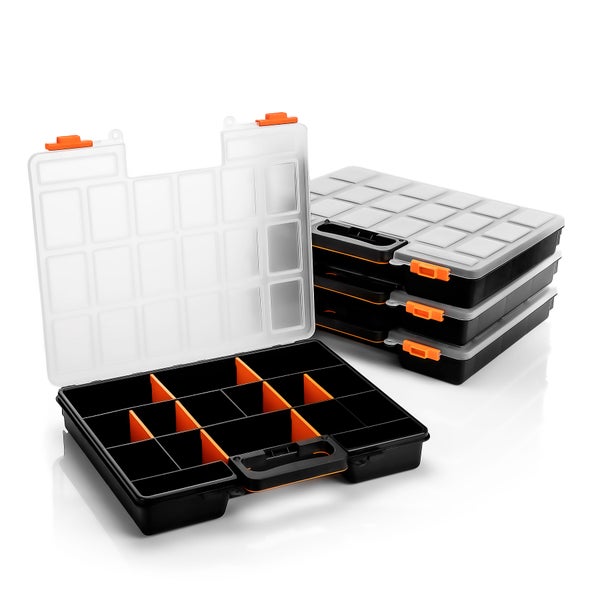 BigDean 4 Stück Sortimentskasten stapelbar 38x33x6cm praktische Sortierbox mit 16 Fächern – Werkzeugkoffer leer Organizer Box Sortierkasten - Sortierboxen für Kleinteile - Made in Italy