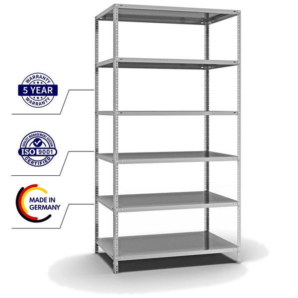 PROREGAL Fachbodenregal Schraubsystem Medium-Duty Grundregal HxBxT 250 x 130 x 80 cm 6 Ebenen Fachlast 200 kg Beidseitig Nutzbar Verzinkt