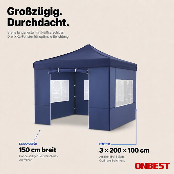 Faltpavillon mit Seitenwänden, Fenstern und aufrollbarem Eingang. Inklusive Transporttasche, Gewichtssäcken, Heringen und Seilen. Testurteil sehr gut.
