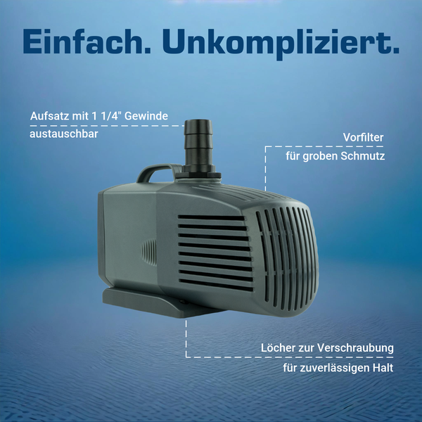 Teichpumpe mit austauschbarem 1 1/4 Zoll Gewindeaufsatz, Vorfilter für groben Schmutz und Löchern zur Verschraubung für sicheren Halt.
