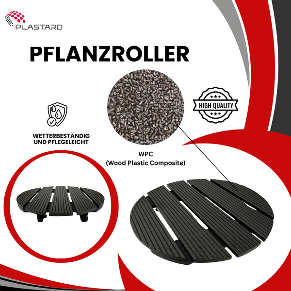 Plastard Pflanzenroller WPC Ø 30 cm – 120 kg Tragkraft, 360° Rollen mit Bremsen, wetterfest, robuster Blumentopfschlitten für Balkon, Terrasse, Garten