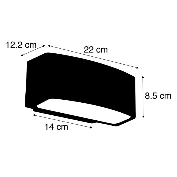 Maßzeichnung einer schwarzen Außenwandleuchte: Breite 22 Zentimeter, Höhe 8,5 Zentimeter, Tiefe 12,2 Zentimeter, Wandhalterung 14 Zentimeter.