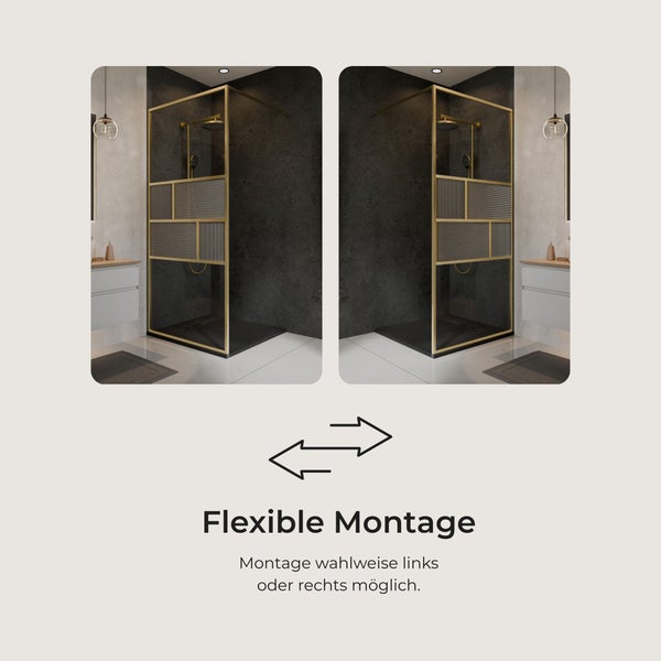 Begehbare Dusche mit goldenem Rahmen und geriffeltem Glas, Montage wahlweise links oder rechts möglich.