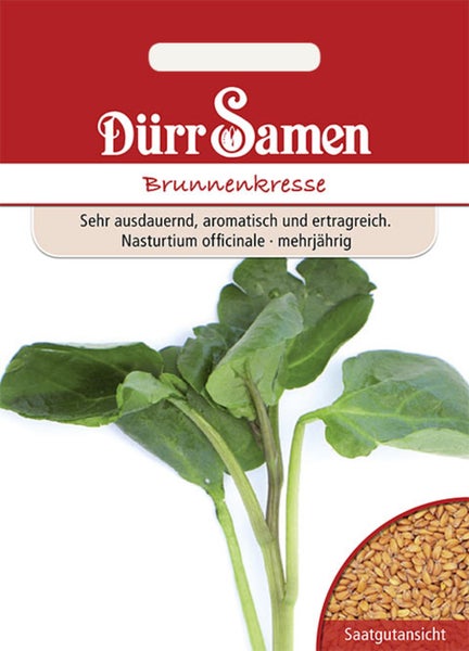 Samentüte für Brunnenkresse der Marke Dürr Samen mit Abbildung der grünen Blätter und einer Detailansicht der Samen.
