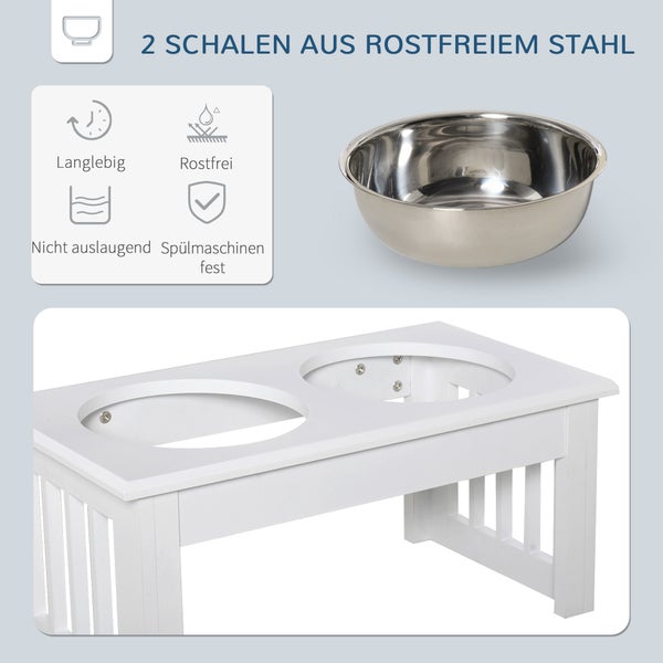 Futterstation mit zwei Edelstahlschalen und weißem Holzgestell. Merkmale: langlebig, rostfrei, nicht auslaugend und spülmaschinenfest.
