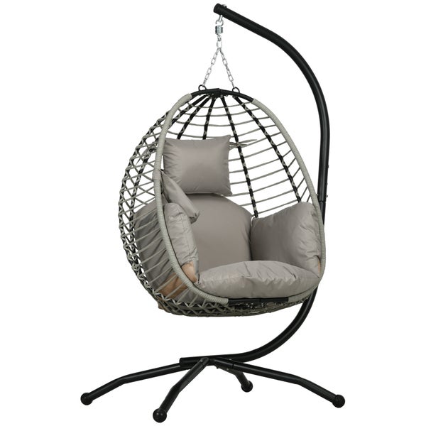 Hängesessel mit Gestell, grauer Korb aus Geflecht, dicke Sitz- und Rückenkissen, stabiles Metallgestell für Garten oder Terrasse.