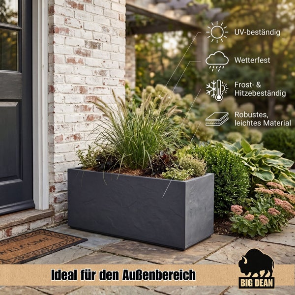 Rechteckiger Blumenkasten für den Außenbereich, wetterfest, UV-beständig, frost- und hitzebeständig, aus robustem und leichtem Material von Big Dean.