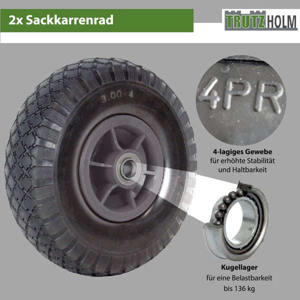 Zwei Sackkarrenräder mit 4 lagigem Gewebe, Kugellager und einer Belastbarkeit bis 136 Kilogramm von Trutzholm