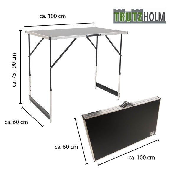 Klapptisch mit Aluminiumgestell und Größenangaben