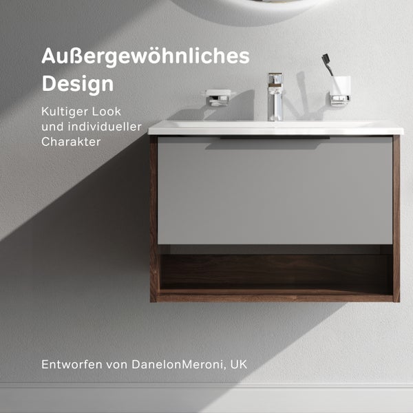 Moderner Waschtischunterschrank mit Schublade und offenem Ablagefach in Holzoptik und grauer Front an einer Wand montiert mit Waschbecken