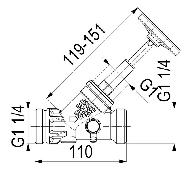 Technische Zeichnung eines Schrägsitzventils mit Maßangaben G 1 1/4 Zoll und Einbaumaßen für die Installation.