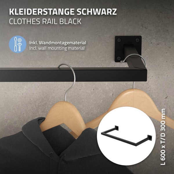 ML-Design 3er Set Kleiderstange Rechteck für die Wand, T30cm x B60cm, Schwarz, aus Stahl, Garderobenstange U-Form, Kleiderständer Wandmontage, Kleidergestell Garderobenhalter, inkl. Montagematerial