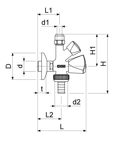 Technische Zeichnung einer Armatur mit Maßangaben und Prüfzeichen.