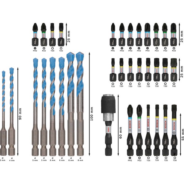 Sortiment an Bohrern und Bits mit Größenangaben und Bosch Logo