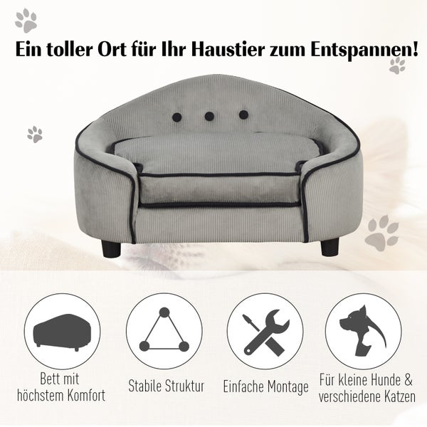 PawHut Haustiersofa, Hundebett, Hundematte, Hundesofa, Naturholz+Plüsch, Grau, 66,5 x 45 x 35,5 cm