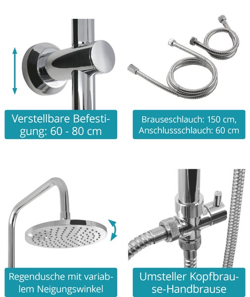 Calmwaters® Duschsystem Chrom, mit Regendusche & Handbrause, 3-strahlige Handbrause, Anti-Kalk, Duschgarnitur mit Wandstange, Gleiter, Hand- und Kopfbrause, 20DP6204