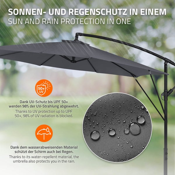 Ampelschirm mit UV Schutz bis Lichtschutzfaktor 50 und wasserabweisendem Bezug für Sonne und Regen.