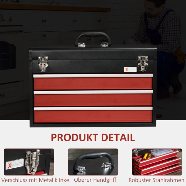 DURHAND, Werkzeugkasten, Werkzeugkoffer, 51L x 22B x 32H cm, Stahl, Schwarz+Rot