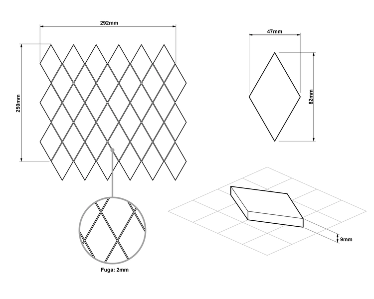 Technische Zeichnung für Mosaikfliesen in Rautenform. Gesamtmaß 292 mal 250 Millimeter, Einzelstein 47 mal 82 mal 9 Millimeter, Fuge 2 Millimeter.