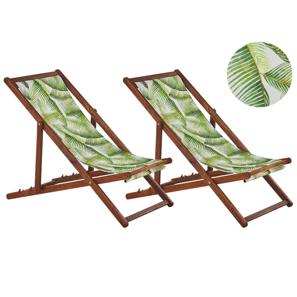 Set mit 2 klappbaren Liegestühlen ANZIO mit Ersatzstoffen Blumenmuster Akazienholz Dunkelbraun