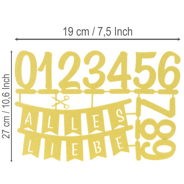 Goldfarbenes glitzerndes Set mit Zahlen von 0 bis 9 und Schriftzug Alles Liebe auf Wimpeln, 19 mal 27 Zentimeter, zum Ausschneiden.