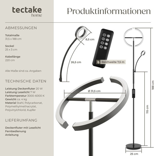 Tectake Home Stehleuchte mit Leselampe, Produktinformationen und Abmessungen